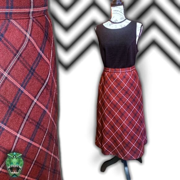 Vintage Dresses & Skirts - VINTAGE 1990’s Quirky Twee Schoolgirl Burgundy, White,& Black Plaid Midi Skirt,P